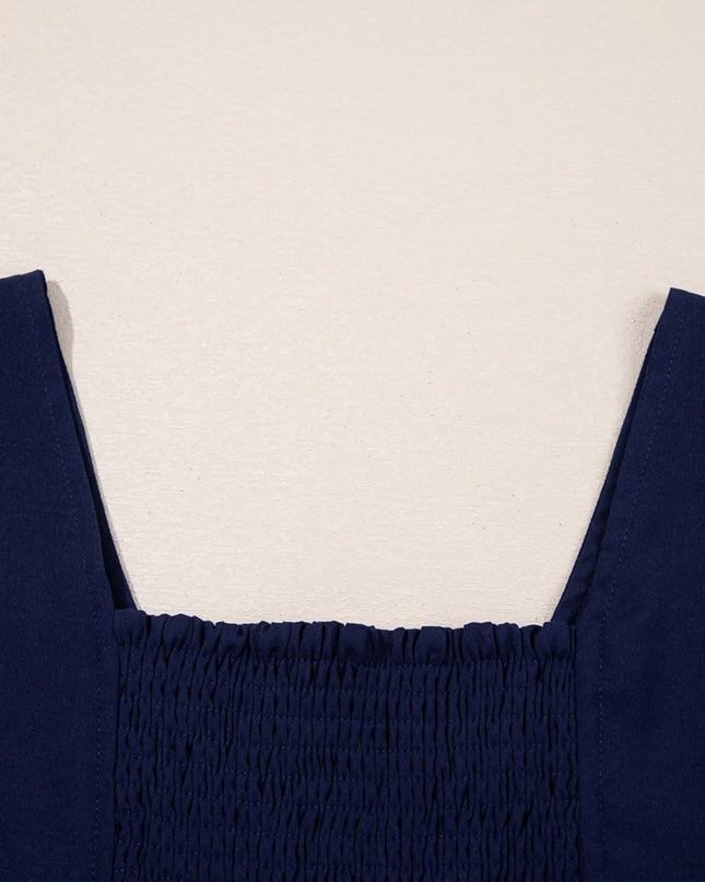 V Neck Buttoned Front Shirred Back Short Sleeve Midi Dress