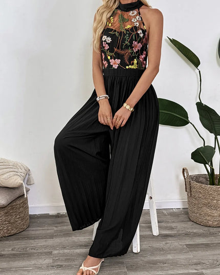 Floral Embroidered Halter Neck Pleated Jumpsuit