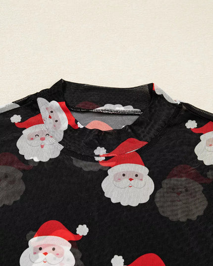 Christmas Santa Print Mesh Long Sleeve Top