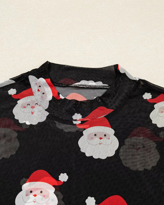 Christmas Santa Print Mesh Long Sleeve Top