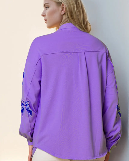 Double Take Full Size Sequin Bow Button Up Shacket