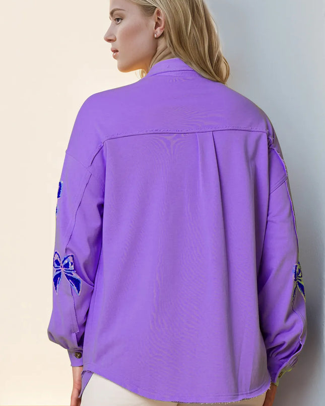 Double Take Full Size Sequin Bow Button Up Shacket