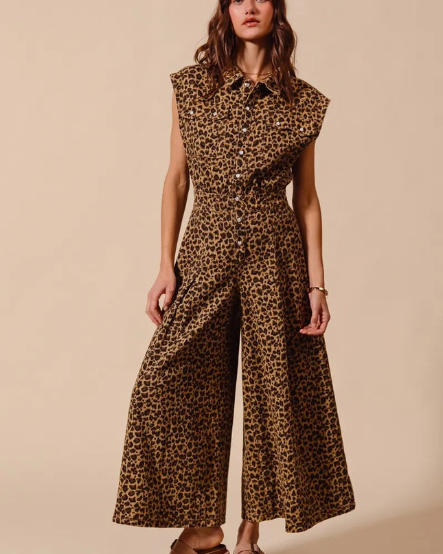 SO ME Wide Leg Leopard Twill Overalls Jumpsuit with Tuck
