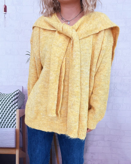 Ribbed Hem V-Neck Sweater with Shawl