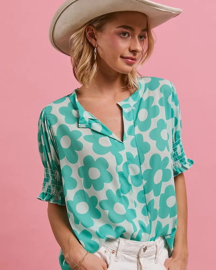 BiBi Flower Printed Woven Smoking Sleeves V Neck Top MINT
