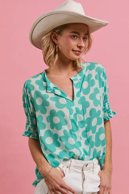 BiBi Flower Printed Woven Smoking Sleeves V Neck Top MINT