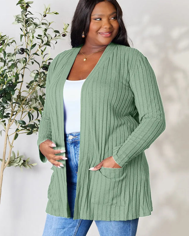 Basic Bae Full Size Ribbed Open Front Cardigan with Pockets