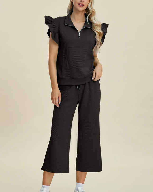 Double Take Full Size Texture Ruffle Short Sleeve Top and Wide Leg Pants Set