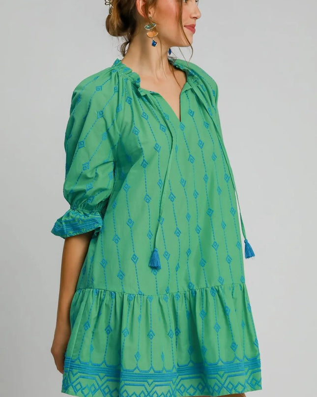 Umgee Full Size Tassel Embroidered Flounce Sleeve Mini Dress Plus Size