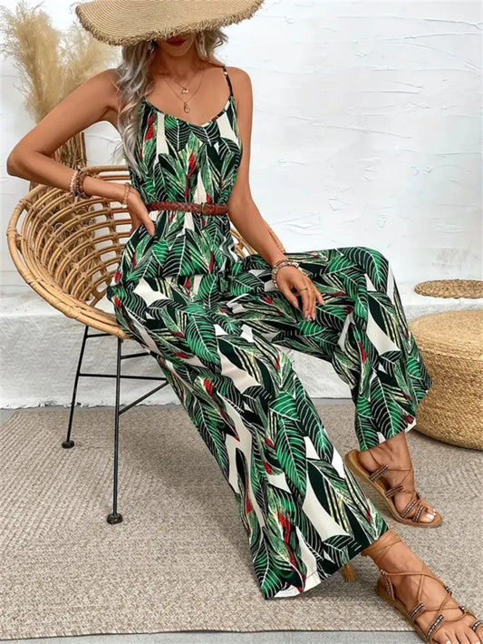 Tropical Print Spaghetti Strap Wide Leg Jumpsuit Dark Green