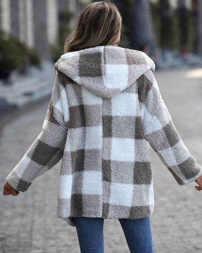 Plaid Open Front Hooded Coat