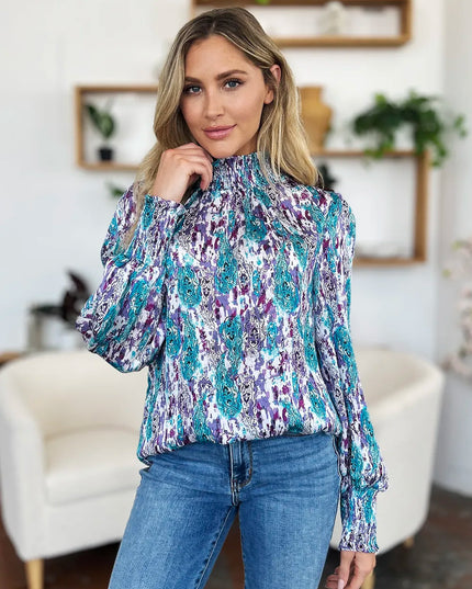 Double Take Full Size Printed Smocked Long Sleeve Blouse
