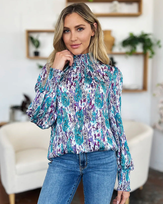 Double Take Full Size Printed Smocked Long Sleeve Blouse