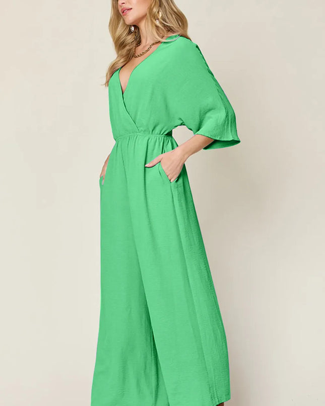 Double Take Full Size Surplice Wide Leg Jumpsuit with Pockets