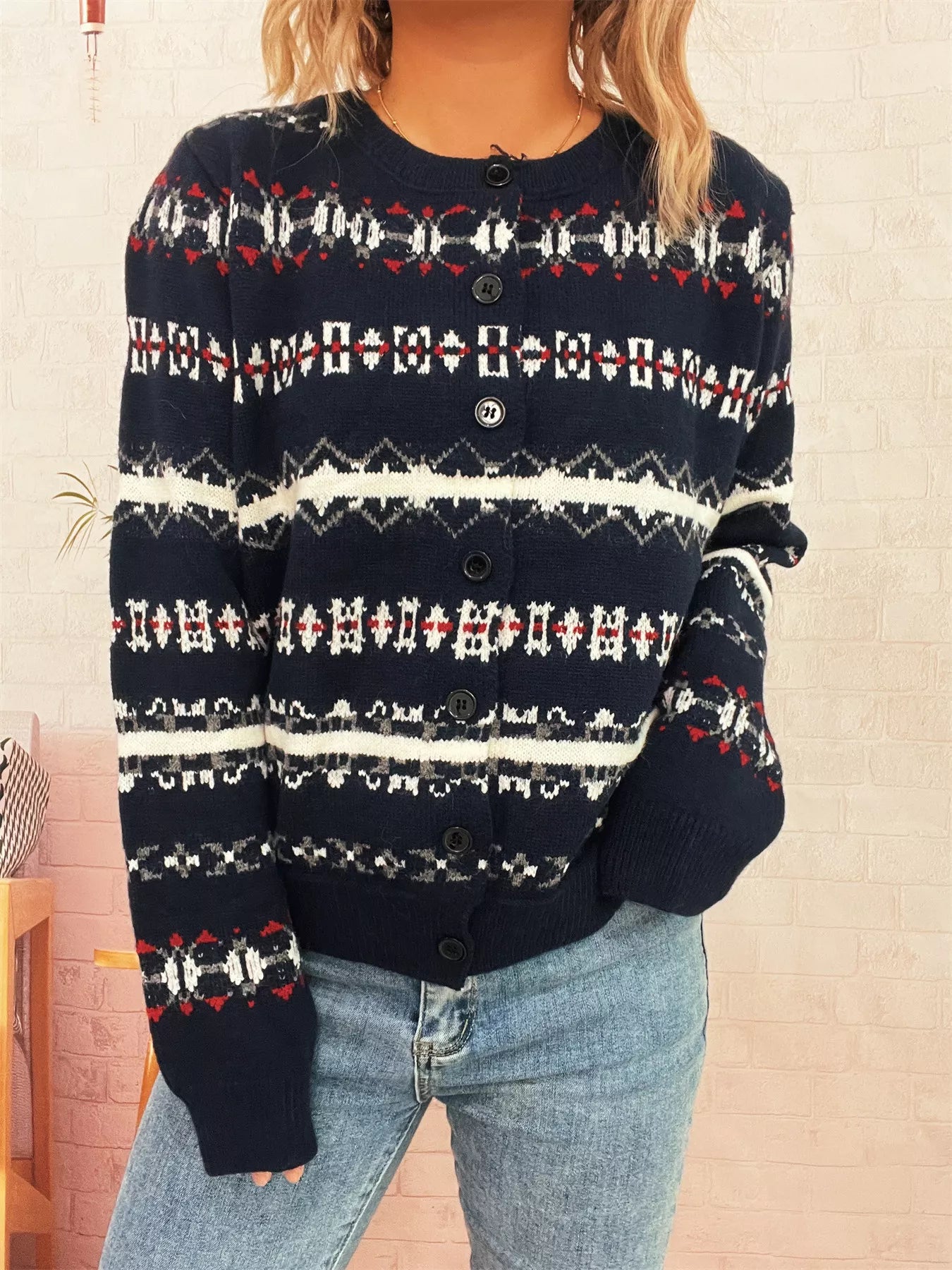 Vintage Pattern Button-Down Cardigan