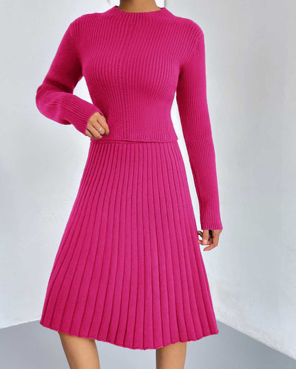 Rib-Knit Sweater and Skirt Set Hot Pink