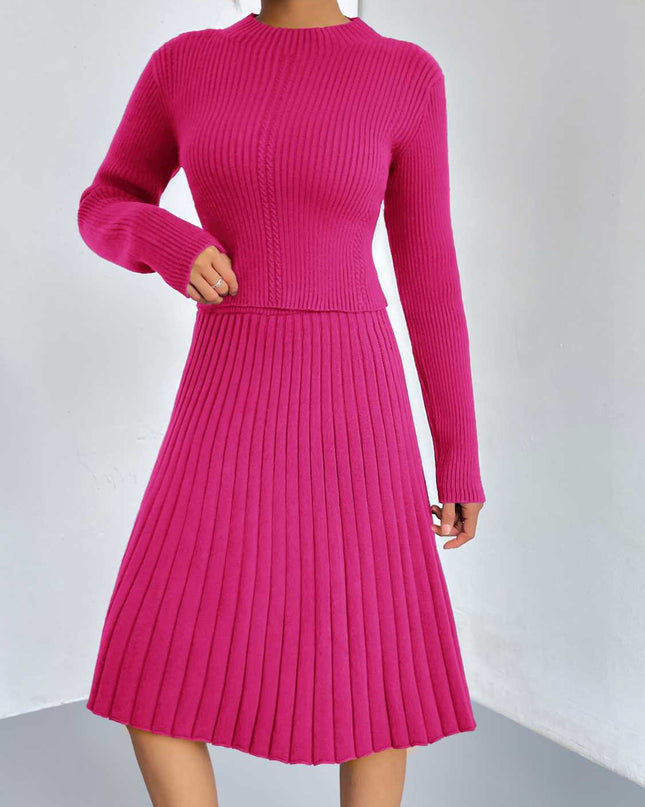 Rib-Knit Sweater and Skirt Set Hot Pink