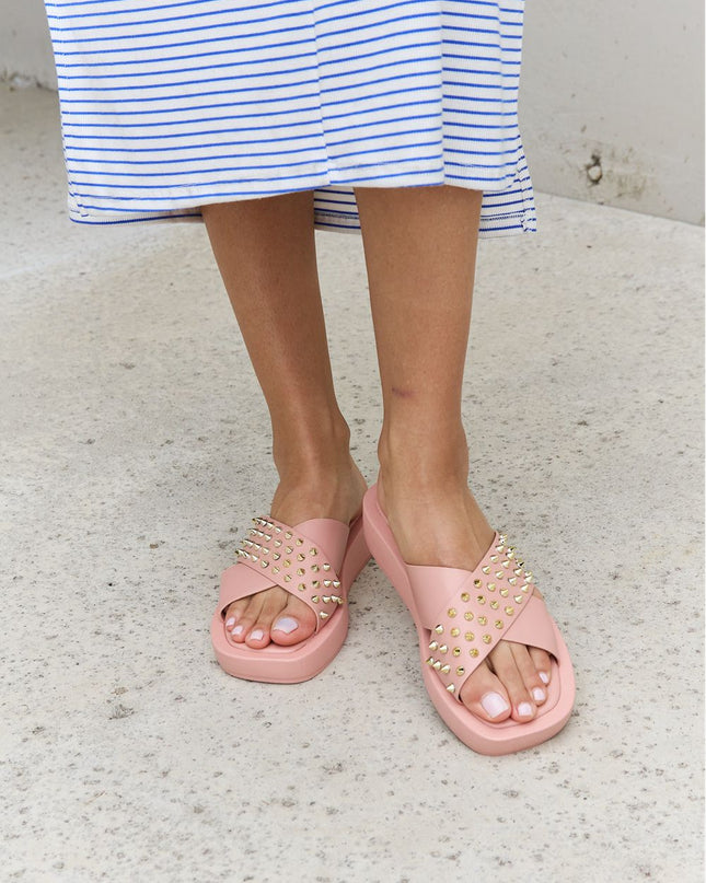 Forever Link Studded Cross Strap Sandals in Blush Blush
