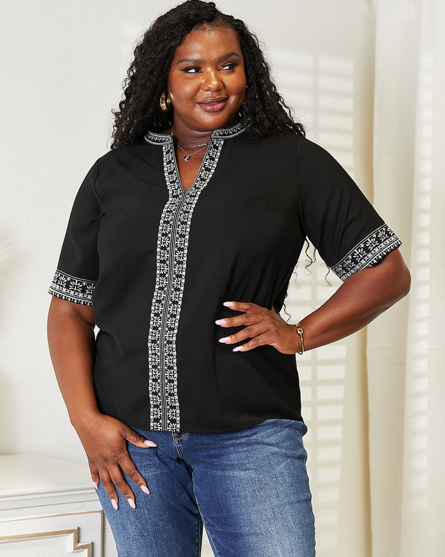Double Take Embroidered Notched Neck Top