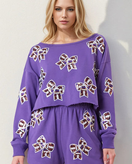 Double Take Sequin Bow Cropped Top and Shorts Set Lavender