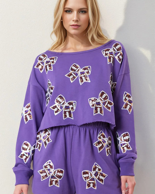 Double Take Sequin Bow Cropped Top and Shorts Set Lavender