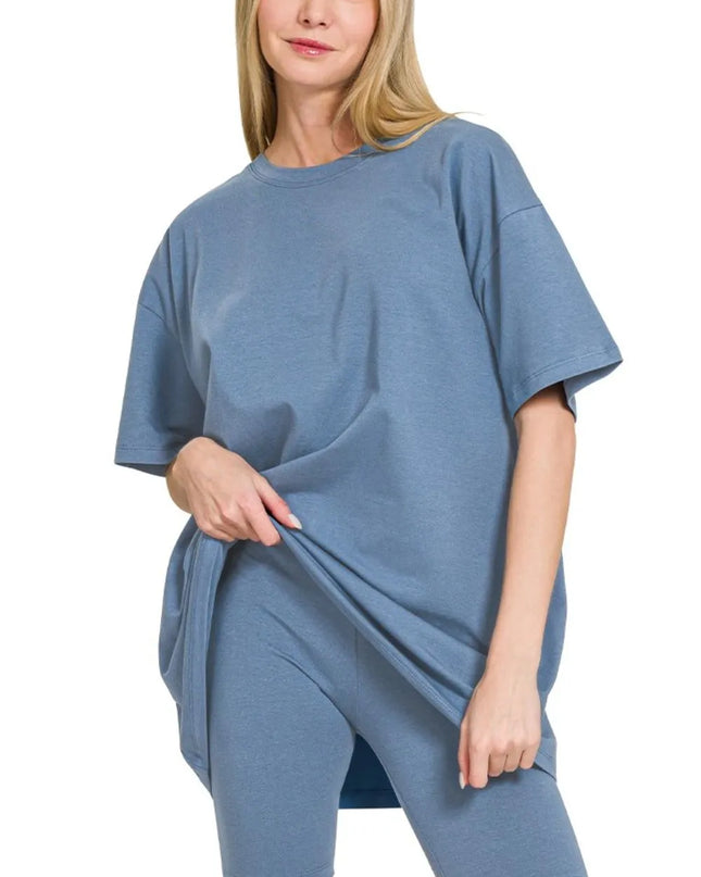 Zenana Cotton Round Neck Top & Biker Shorts DUSTY BLUE