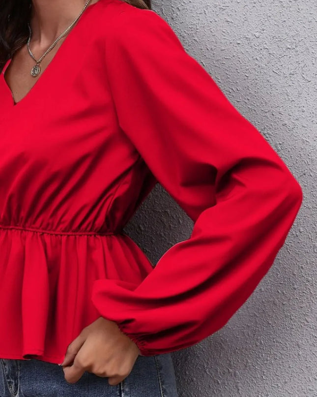 V-Neck Balloon Sleeve Peplum Blouse
