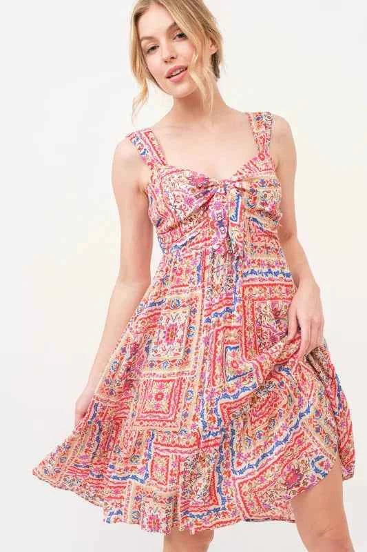 And The Why Tied Front Smocked Back Tiered Boho Printed Dress