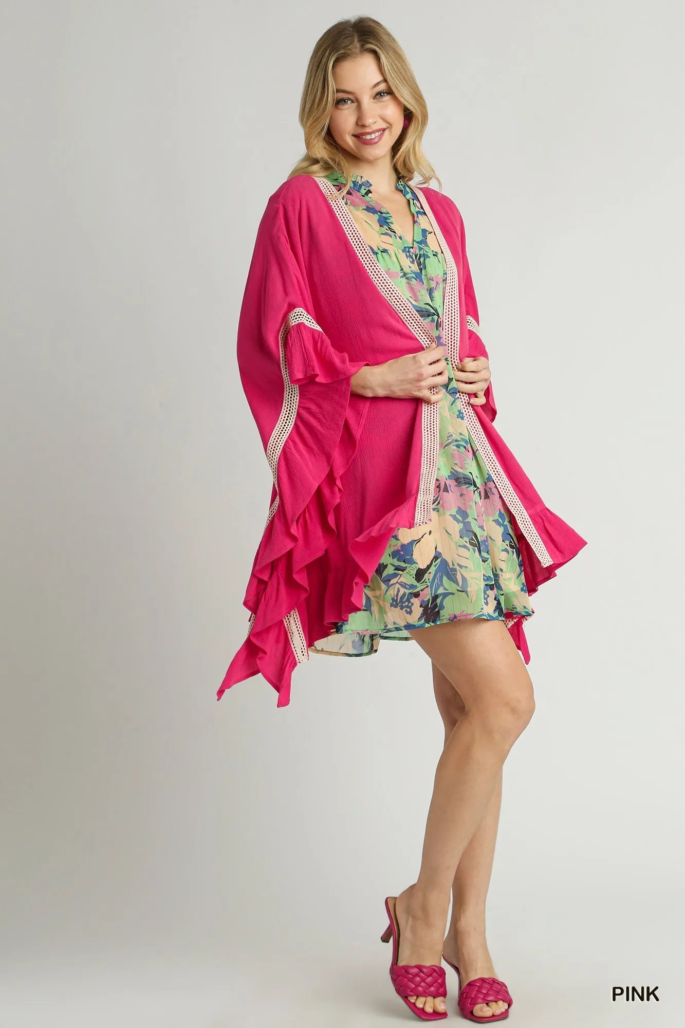 Umgee Ruffle Trim Kimono with Crochet Accent