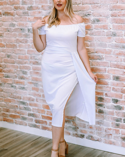 Off-Shoulder Short Sleeve Split Dress White