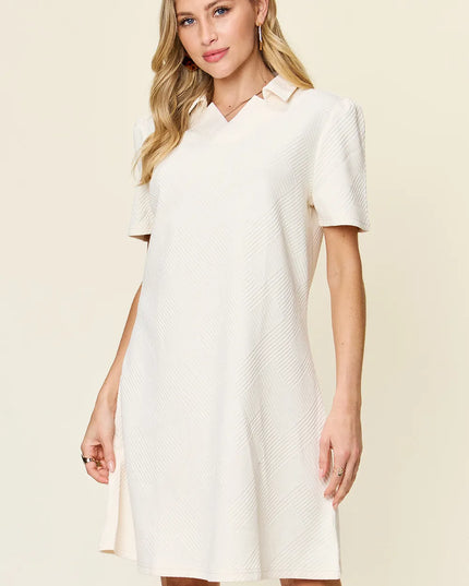 Double Take Full Size Texture Collared Neck Short Sleeve Dress White