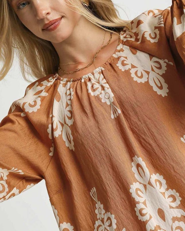 Umgee Full Size Two Tone Border Print Top with Balloon Sleeves Plus Size