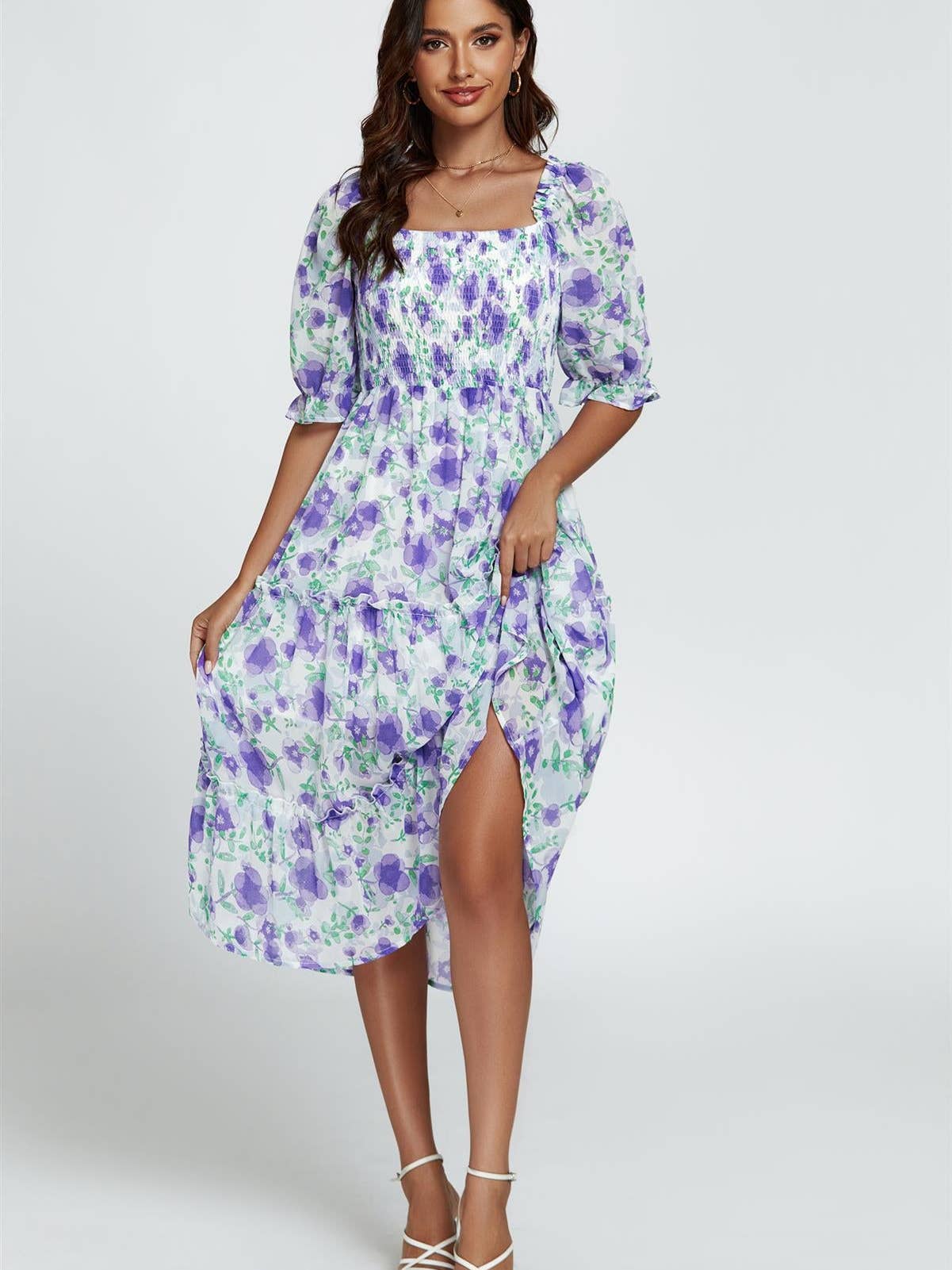 Floral Print Bardot Puff Sleeve Elasticated Detail Midi Dress in White