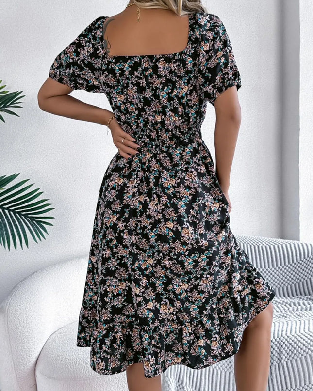 Ruffled Hem Floral Puff Sleeve Dress