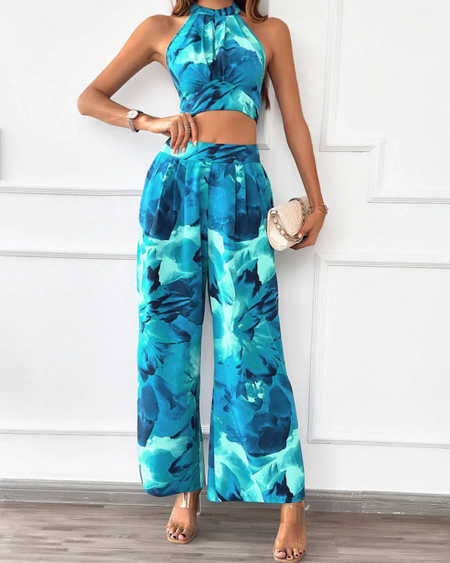 Devine Printed Halter Neck Top and Pants Set Pastel Blue