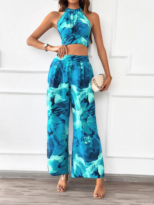 Devine Printed Halter Neck Top and Pants Set Pastel Blue