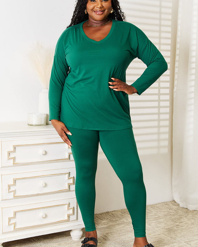 Zenana Lazy Days Full Size Long Sleeve Top and Leggings Set Dark Green