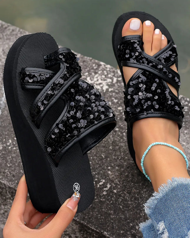 Sequin Platform Wedge Sandals 