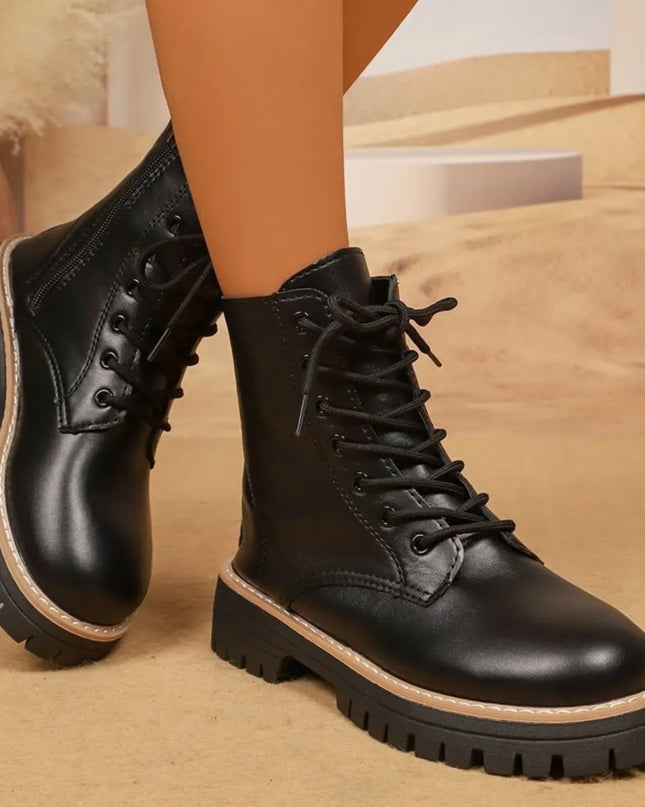 Lace Up Leather Combat Boots with Chunky Sole