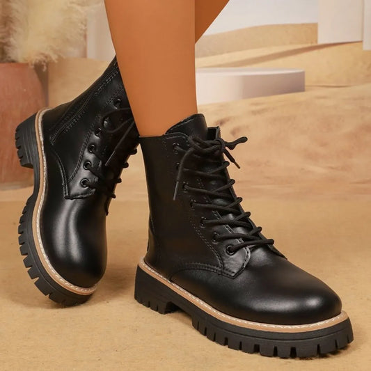 Lace Up Leather Combat Boots with Chunky Sole