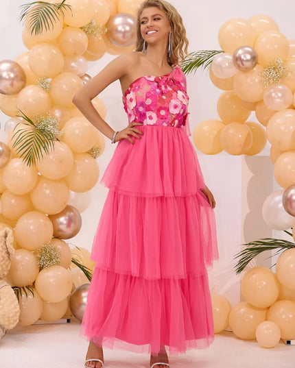 Embroidered Layered Single Shoulder Midi Dress 