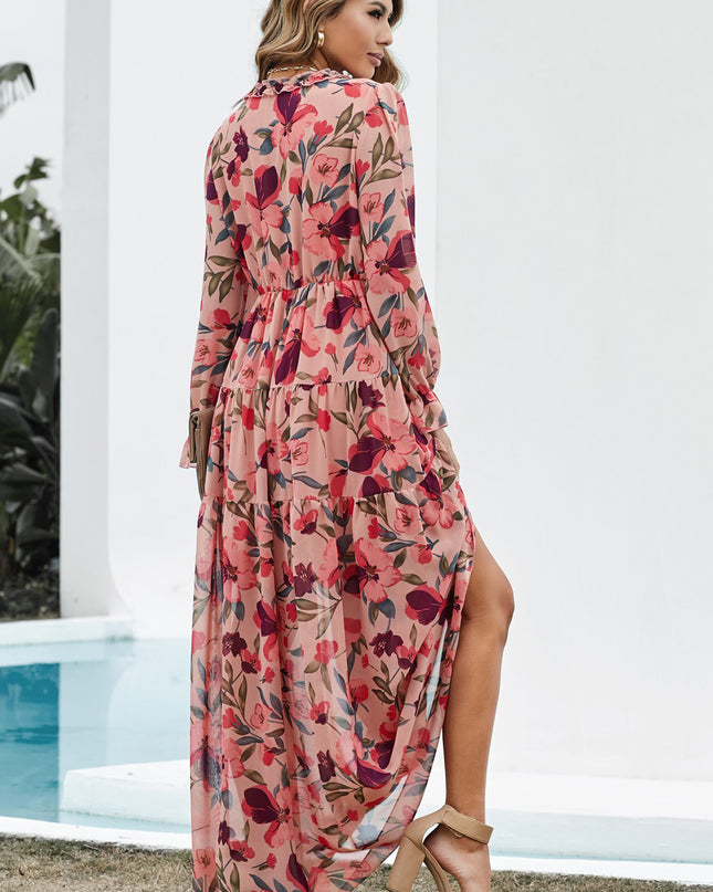 Floral Frill Trim Flounce Sleeve Plunge Maxi Dress