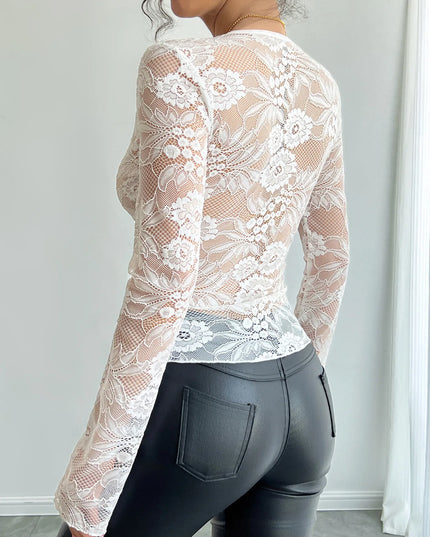 Lace Deep V-Neck Long Sleeve T-Shirt