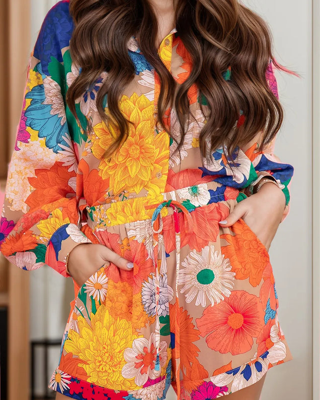 Printed Button Up Long Sleeve Top and Shorts Set Orange