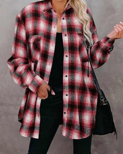 Full Size Plaid Button-Up Long Sleeve Shirt Plus Size Red