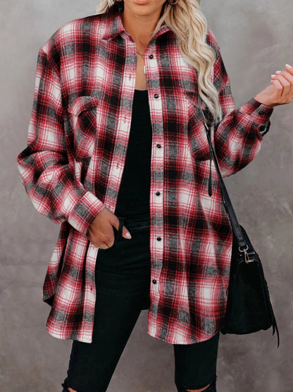 Full Size Plaid Button-Up Long Sleeve Shirt Plus Size Red