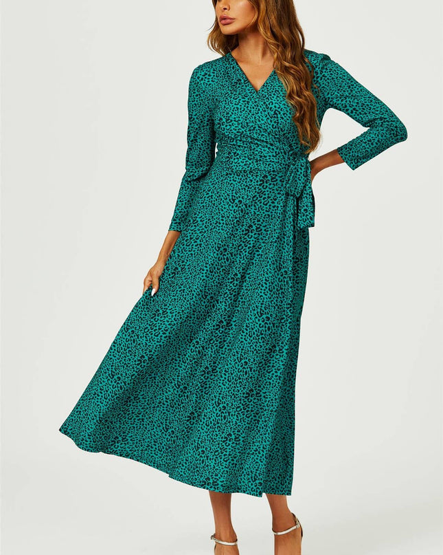 Green Leopard Print Wrap Top Midaxi Dress