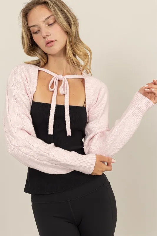 HYFVE Cable-Knit Tie-Front Shrug PALE PINK