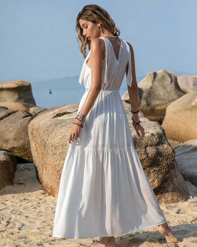 V-Neck Tie Shoulder Crochet Maxi Dress