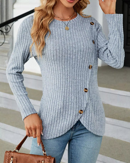 Ribbed Knit Decor Button T-Shirt Light Blue